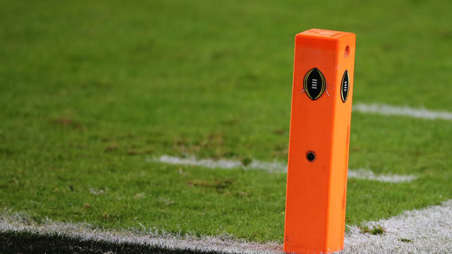 MIAMI GARDENS, FL - JANUARY 11: An end zone pylon with the CFP logo during the CFP National Championship game between the Alabama Crimson Tide and the Ohio State Buckeyes on January 11, 2021 at Hard Rock Stadium in Miami Gardens, Fl.