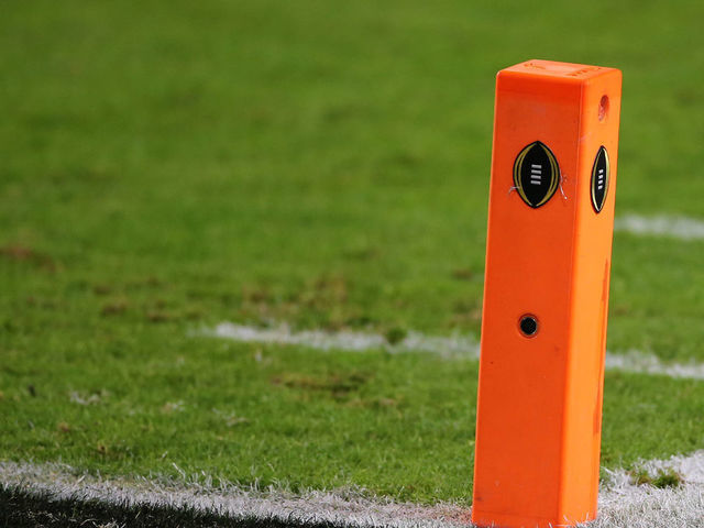 MIAMI GARDENS, FL - JANUARY 11: An end zone pylon with the CFP logo during the CFP National Championship game between the Alabama Crimson Tide and the Ohio State Buckeyes on January 11, 2021 at Hard Rock Stadium in Miami Gardens, Fl.