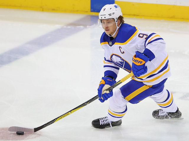 NEWARK, NJ - FEBRUARY 23: Buffalo Sabres center Jack Eichel (9) skates during the first period of the National Hockey League game between the New Jersey Devils and tyhe Buffalo Sabres on February 23, 2021 at the Prudential Center in Newark, NJ.