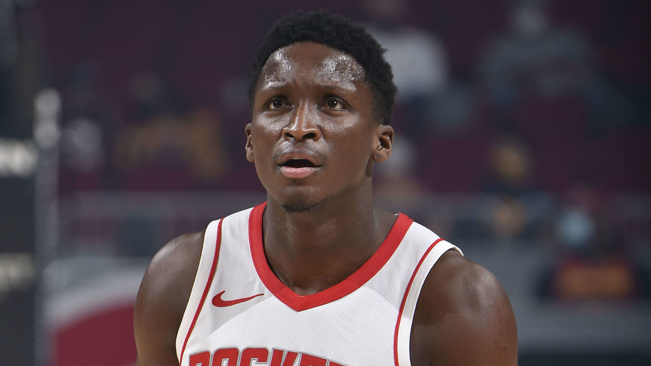 CLEVELAND, OH - FEBRUARY 24: Victor Oladipo #7 of the Houston Rockets looks on during the game against the Cleveland Cavaliers on February 24, 2021 at Rocket Mortgage FieldHouse in Cleveland, Ohio. NOTE TO USER: User expressly acknowledges and agrees that, by downloading and/or using this Photograph, user is consenting to the terms and conditions of the Getty Images License Agreement. Mandatory Copyright Notice: Copyright 2021 NBAE