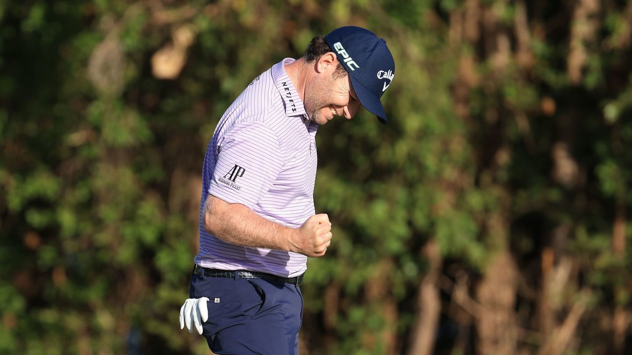 RIO GRANDE, PUERTO RICO - FEBRUARY 28: Branden Grace of South Africa celebrates after making a birdie on the 18th hole to win the Puerto Rico Open at Grand Reserve Country Club on February 28, 2021 in Rio Grande, Puerto Rico.