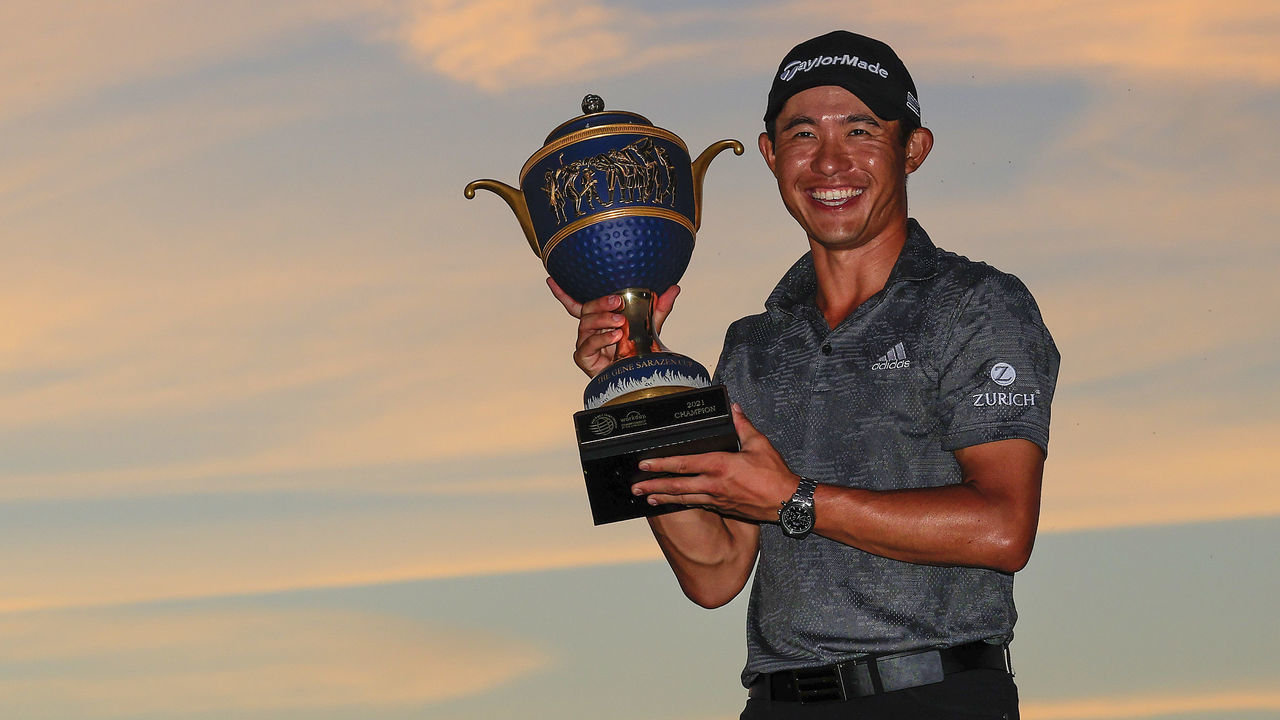 BRADENTON, FLORIDA - FEBRUARY 28: Collin Morikawa of the United States celebrates with the Gene Sarazen Cup during the trophy ceremony after winning the final round of World Golf Championships-Workday Championship at The Concession on February 28, 2021 in Bradenton, Florida.