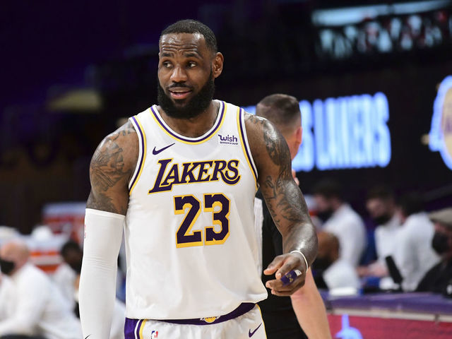 LOS ANGELES, CA - FEBRUARY 28: LeBron James #23 of the Los Angeles Lakers looks on during the game against the Golden State Warriors on February 28, 2021 at STAPLES Center in Los Angeles, California. NOTE TO USER: User expressly acknowledges and agrees that, by downloading and/or using this Photograph, user is consenting to the terms and conditions of the Getty Images License Agreement. Mandatory Copyright Notice: Copyright 2021 NBAE