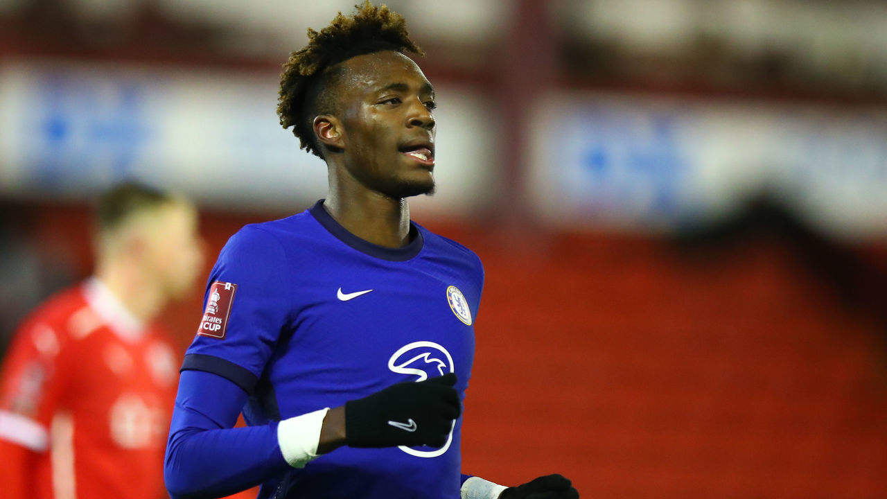 BARNSLEY, ENGLAND - FEBRUARY 11: Tammy Abraham of Chelsea during The Emirates FA Cup Fifth Round match between Barnsley and Chelsea at Oakwell Stadium on February 11, 2021 in Barnsley, England. Sporting stadiums around the UK remain under strict restrictions due to the Coronavirus Pandemic as Government social distancing laws prohibit fans inside venues resulting in games being played behind closed doors.