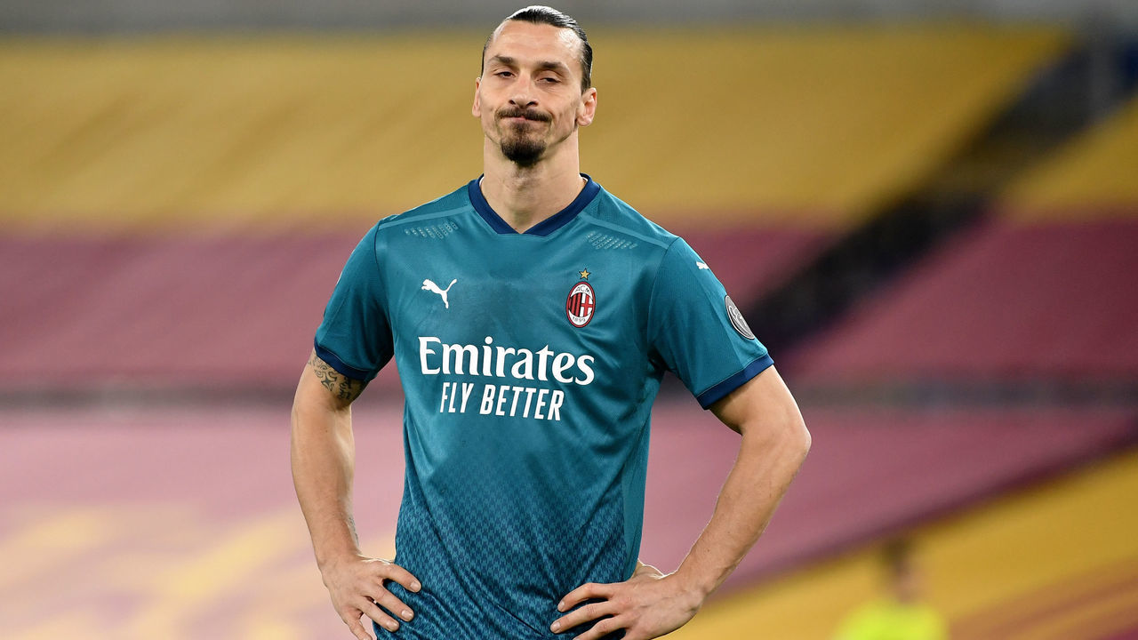 STADIO OLIMPICO , ROME, ITALY - 2021/02/28: Zlatan Ibrahimovic of AC Milan reacts during the Serie A football match between AS Roma and AC Milan. AC Milan won 2-1 over AS Roma.