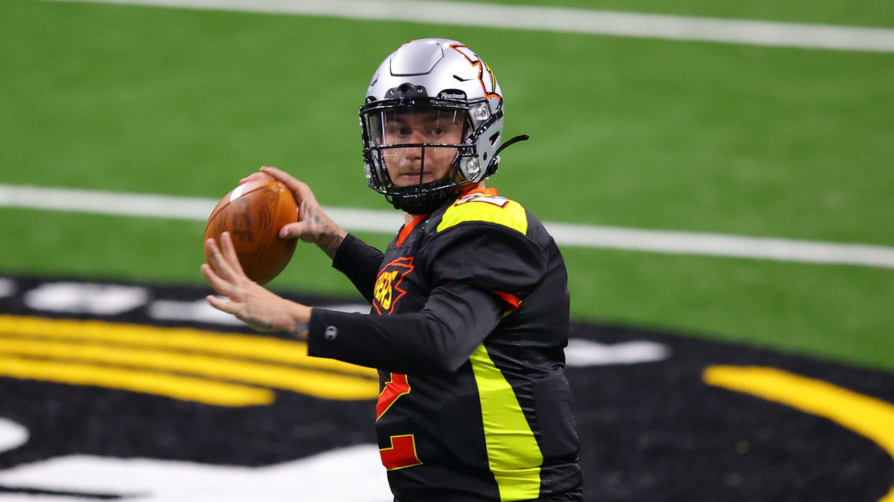 DULUTH, GEORGIA - FEBRUARY 20: Johnny Manziel #2 of the Zappers throws against the Glacier Boyz during a Fan Controlled Football game at Infinite Energy Arena on February 20, 2021 in Duluth, Georgia.