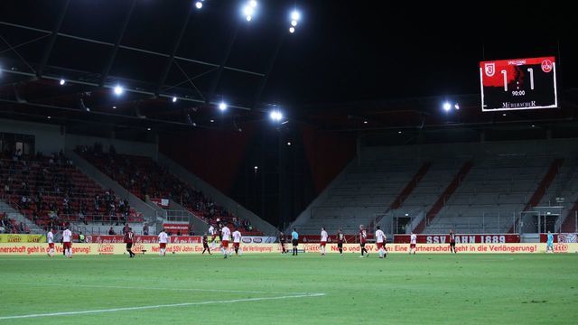 REGENSBURG, GERMANY - SEPTEMBER 18: A general view of the action during the Second Bundesliga match between SSV Jahn Regensburg and 1. FC Nürnberg at Jahnstadion on September 18, 2020 in Regensburg, Germany. Fans are set to return to Bundesliga stadiums in Germany despite to the ongoing Coronavirus Pandemic. Up to 20% of stadium's capacity are allowed to be filled. Final decisions are left to local health authorities and are subject to club's hygiene concepts and the infection numbers in the corresponding region.