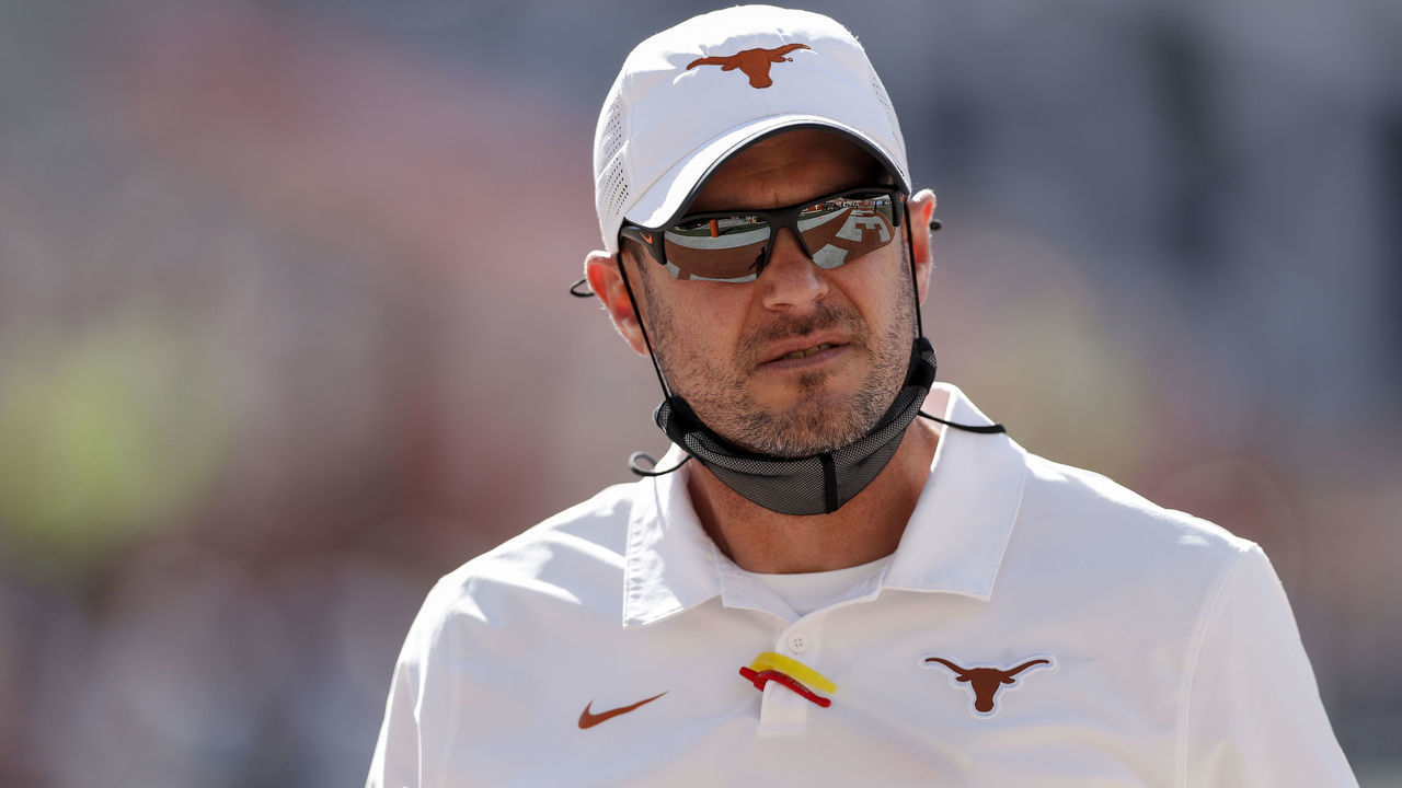AUSTIN, TEXAS - NOVEMBER 07: Head coach Tom Herman of the Texas Longhorns watches players warm up before the game against the West Virginia Mountaineers at Darrell K Royal-Texas Memorial Stadium on November 07, 2020 in Austin, Texas.