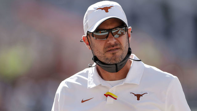 AUSTIN, TEXAS - NOVEMBER 07: Head coach Tom Herman of the Texas Longhorns watches players warm up before the game against the West Virginia Mountaineers at Darrell K Royal-Texas Memorial Stadium on November 07, 2020 in Austin, Texas.
