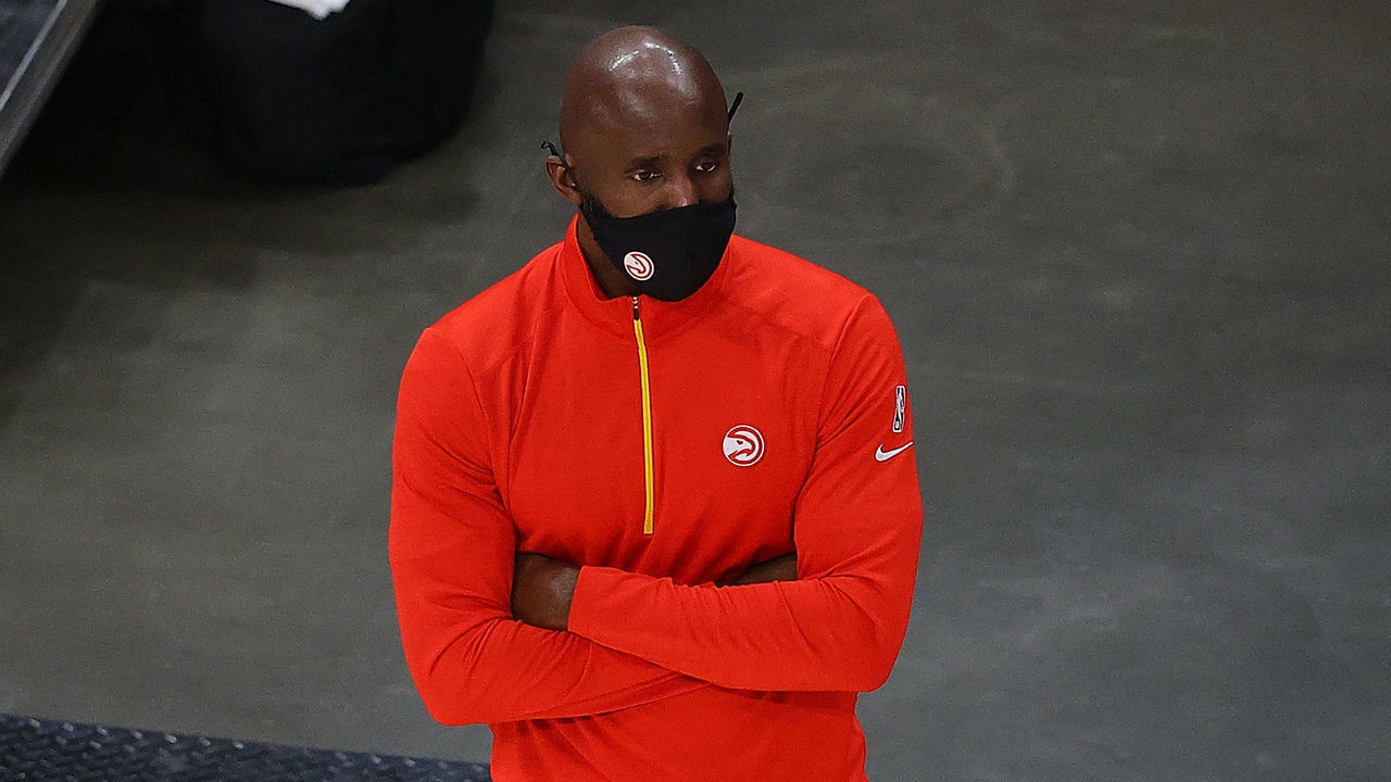 ATLANTA, GEORGIA - JANUARY 27: Head coach Lloyd Pierce of the Atlanta Hawks looks on against the Brooklyn Nets during the first half at State Farm Arena on January 27, 2021 in Atlanta, Georgia.