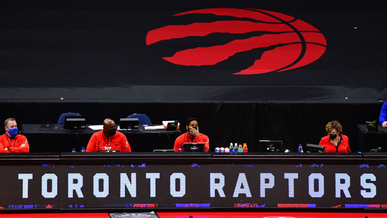 TAMPA, FLORIDA - DECEMBER 31: A general view of the Toronto Raptors logo at Amalie Arena during a game against the New York Knicks on December 31, 2020 in Tampa, Florida.
