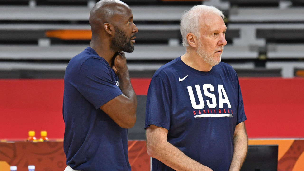DONGGUAN, CHINA - SEPTEMBER 11: Assistant Coach Lloyd Pierce and Head Coach Gregg Popovich of USA look on during shootaround on September 11, 2019 at the Dongguan Basketball Center in Dongguan, China. NOTE TO USER: User expressly acknowledges and agrees that, by downloading and/or using this photograph, user is consenting to the terms and conditions of the Getty Images License Agreement. Mandatory Copyright Notice: Copyright 2019 NBAE