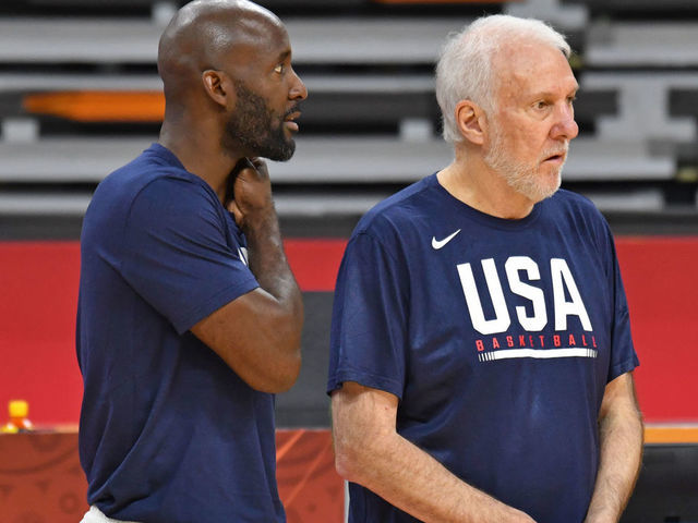 DONGGUAN, CHINA - SEPTEMBER 11: Assistant Coach Lloyd Pierce and Head Coach Gregg Popovich of USA look on during shootaround on September 11, 2019 at the Dongguan Basketball Center in Dongguan, China. NOTE TO USER: User expressly acknowledges and agrees that, by downloading and/or using this photograph, user is consenting to the terms and conditions of the Getty Images License Agreement. Mandatory Copyright Notice: Copyright 2019 NBAE