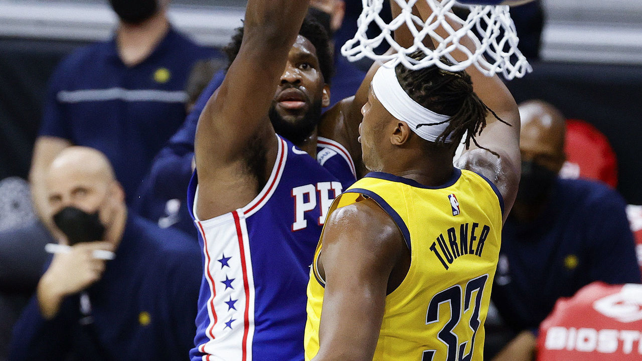 PHILADELPHIA, PENNSYLVANIA - MARCH 01: Joel Embiid #21 of the Philadelphia 76ers shoots over Myles Turner #33 of the Indiana Pacers during the third quarter at Wells Fargo Center on March 01, 2021 in Philadelphia, Pennsylvania.