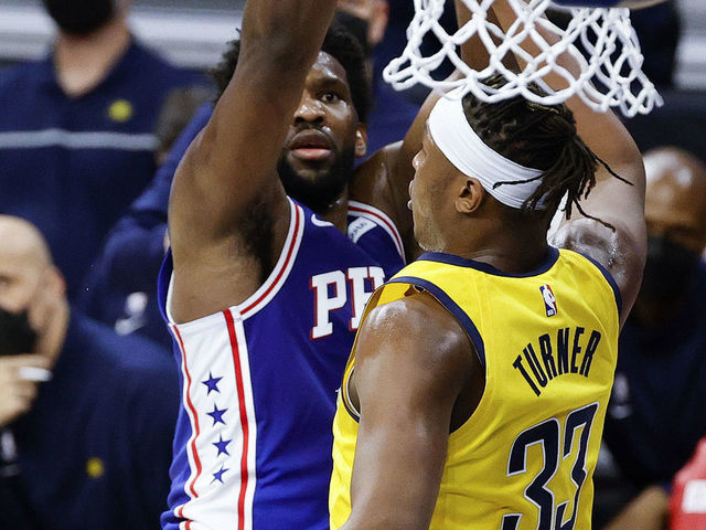 PHILADELPHIA, PENNSYLVANIA - MARCH 01: Joel Embiid #21 of the Philadelphia 76ers shoots over Myles Turner #33 of the Indiana Pacers during the third quarter at Wells Fargo Center on March 01, 2021 in Philadelphia, Pennsylvania.
