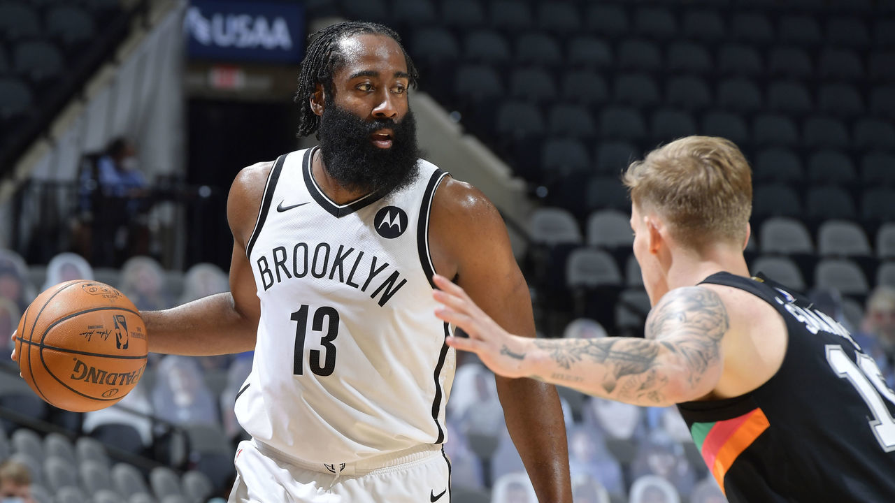 SAN ANTONIO, TX - MARCH 1: James Harden #13 of the Brooklyn Nets handles the ball against the San Antonio Spurs on March 1, 2021 at the AT&T Center in San Antonio, Texas. Mandatory Copyright Notice: Copyright 2021 NBAE (Photos by Logan Riely/NBAE via Getty Images)