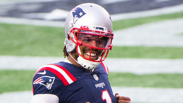 FOXBOROUGH, MA - JANUARY 3, 2021: Cam Newton #1 of the New England Patriots celebrates after scoring a touchdown in the second half against the New York Jets at Gillette Stadium on January 3, 2021 in Foxborough, Massachusetts.