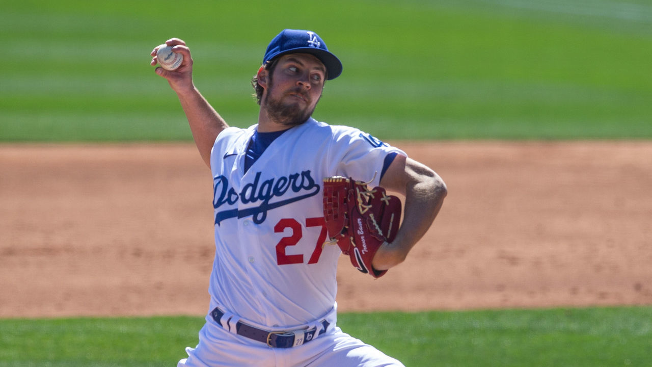 GLENDALE, AZ - MARCH 01: Trevor Bauer #27 of the Los Angeles Dodgers pitches during a spring training game against the Colorado Rockies at Camelback Ranch on March 1, 2021 in Glendale, Arizona.