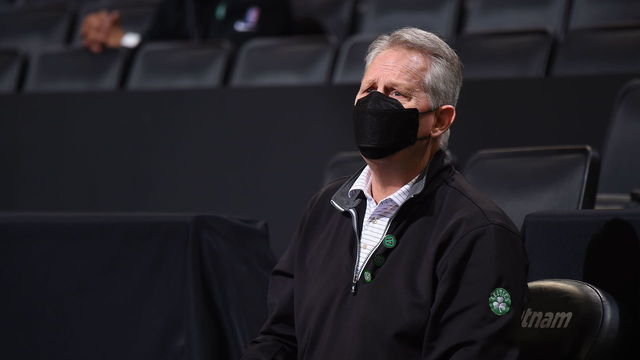 BOSTON, MA - FEBRUARY 16: Owner Danny Ainge of the Boston Celtics sits on the sideline during the game against the Denver Nuggets on February 16, 2021 at the TD Garden in Boston, Massachusetts. Mandatory Copyright Notice: Copyright 2021 NBAE