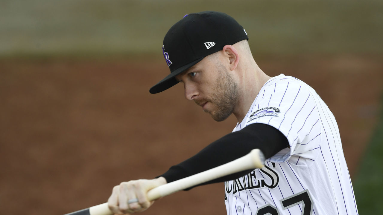 SCOTTSDALE, AZ - FEBRUARY 25: Colorado Rockies infielder Trevor Story works on his swing dynamics while waiting to have his portrait taken by MLB and team photographers photo day at Salt River Fields at Talking Stick February 25, 2021. "n"n