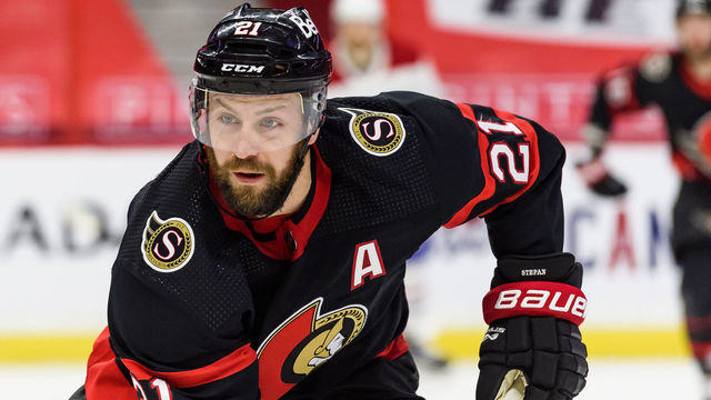 OTTAWA, ON - FEBRUARY 21: Ottawa Senators Center Derek Stepan (21) skates during the third period of the NHL game between the Ottawa Senators and the Montreal Canadiens on February 21, 2021 at the Canadian Tire Centre in Ottawa, Ontario, Canada.