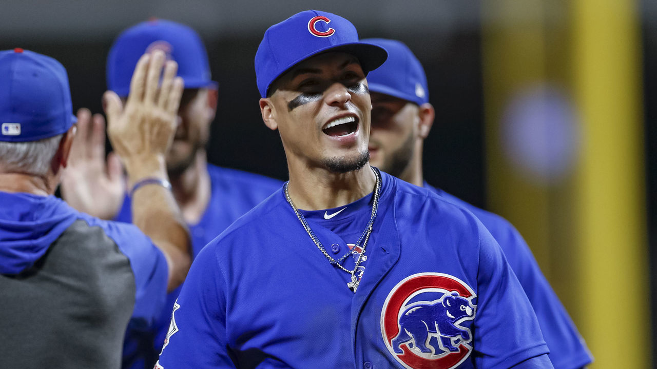 CINCINNATI, OH - AUGUST 08: Javier Baez #9 of the Chicago Cubs celebrates following the game against the Cincinnati Reds at Great American Ball Park on August 8, 2019 in Cincinnati, Ohio.