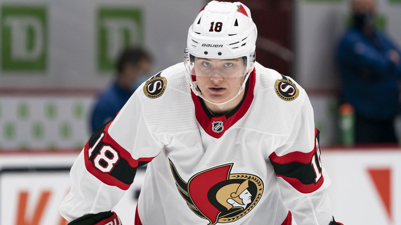 VANCOUVER, BC - JANUARY 27: Tim Stutzle #18 of the Ottawa Senators during the pre-game warmup prior to NHL hockey action against the Vancouver Canucks at Rogers Arena on January 27, 2021 in Vancouver, Canada.