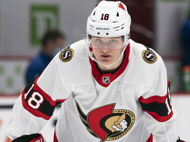 VANCOUVER, BC - JANUARY 27: Tim Stutzle #18 of the Ottawa Senators during the pre-game warmup prior to NHL hockey action against the Vancouver Canucks at Rogers Arena on January 27, 2021 in Vancouver, Canada.
