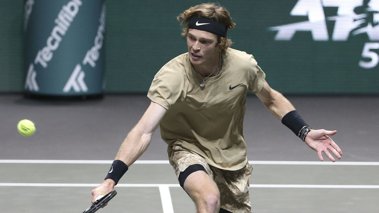 ROTTERDAM, NETHERLANDS - MARCH 2: Andrey Rublev of Russia during his first round match against Marcos Giron of USA on day 2 of the 48th ABN AMRO World Tennis Tournament at Ahoy Arena on March 2, 2021 in Rotterdam, Netherlands.