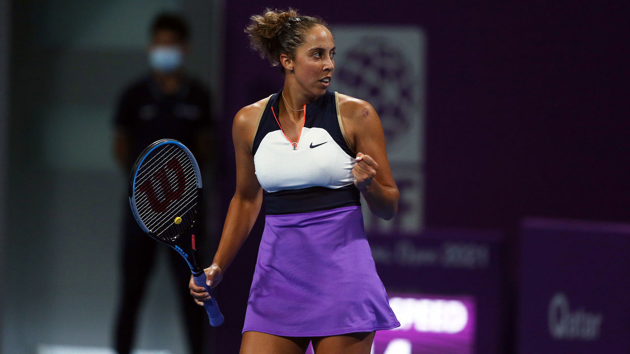 DOHA, QATAR - MARCH 02: Madison Keys of USA reacts during the Women's Singles match between Madison Keys and Belinda Bencic on Day Two of the WTA Qatar Total Open at Khalifa International Tennis and Squash Complex on March 02, 2021 in Doha, Qatar.
