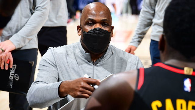ATLANTA, GA - FEBRUARY 21: Assistant Coach, Nate McMillan of the Atlanta Hawks talks with his team during the game against the Denver Nuggets on February 21, 2021 at State Farm Arena in Atlanta, Georgia. NOTE TO USER: User expressly acknowledges and agrees that, by downloading and/or using this Photograph, user is consenting to the terms and conditions of the Getty Images License Agreement. Mandatory Copyright Notice: Copyright 2021 NBAE