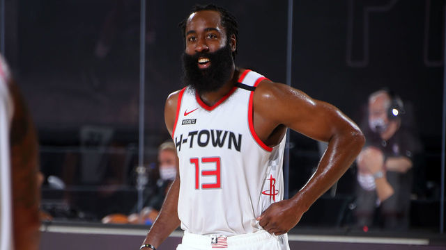 Orlando, FL - AUGUST 9: James Harden #13 of the Houston Rockets smiles during the game against the Sacramento Kings on August 9, 2020 at The Field House at ESPN Wide World Of Sports Complex in Orlando, Florida. NOTE TO USER: User expressly acknowledges and agrees that, by downloading and/or using this Photograph, user is consenting to the terms and conditions of the Getty Images License Agreement. Mandatory Copyright Notice: Copyright 2020 NBAE
