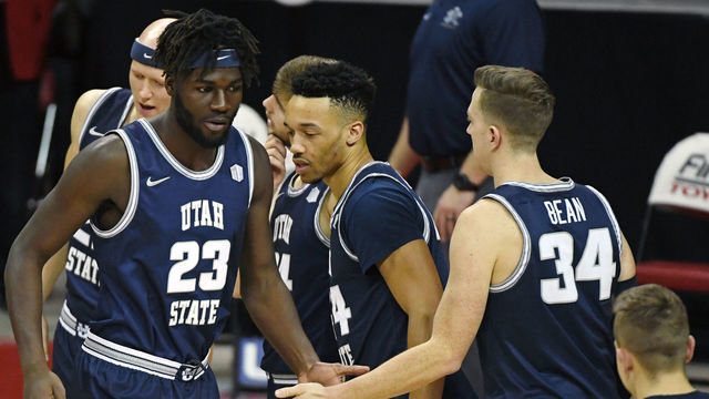 LAS VEGAS, NEVADA - JANUARY 25: Neemias Queta #23 of the Utah State Aggies is introduced before a game against the UNLV Rebels at the Thomas & Mack Center on January 25, 2021 in Las Vegas, Nevada. The Rebels defeated the Aggies 59-56.