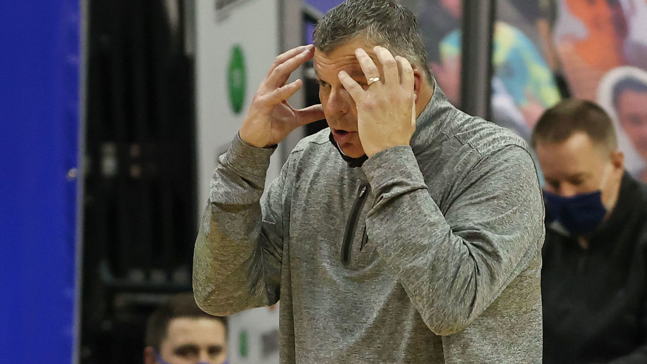 NEWARK, NJ - JANUARY 27: Head coach Greg McDermott of the Creighton Bluejays reacts during the second half of an NCAA college basketball game against the Seton Hall Pirates at Prudential Center on January 27, 2021 in Newark, New Jersey. Creighton defeated Seton Hall 85-81.