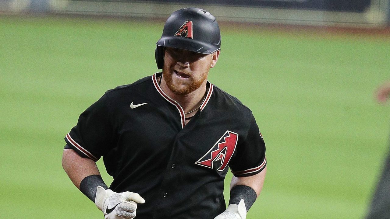 HOUSTON, TEXAS - SEPTEMBER 19: Kole Calhoun #56 of the Arizona Diamondbacks flies out in the sixth inning against the Houston Astros at Minute Maid Park on September 19, 2020 in Houston, Texas.