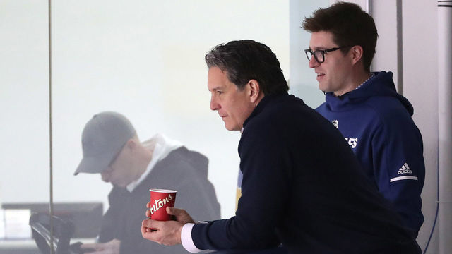 TORONTO, ON- APRIL 16 - Brendan Shanahan and Kyle Dubas chat was they watch the Toronto Maple Leafs practice before game four against the Boston Bruins in their first round play-off series in Toronto. April 16, 2019. (Steve Russell/Toronto Star via Getty Images)