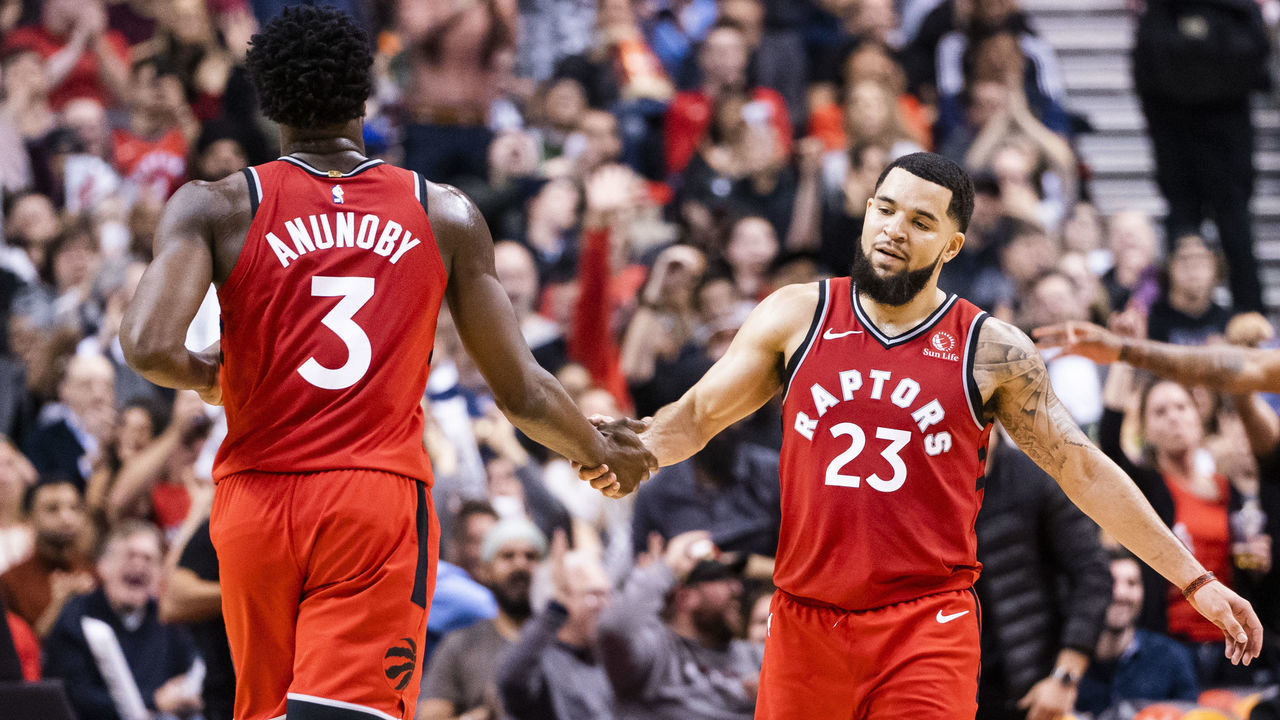 TORONTO, ONTARIO - NOVEMBER 18: OG Anunoby #3 of the Toronto Raptors celebrates with Fred VanVleet #23 after scoring against the Charlotte Hornets during their NBA basketball game at Scotiabank Arena on November 18, 2019 in Toronto, Canada. NOTE TO USER: User expressly acknowledges and agrees that, by downloading and or using this photograph, User is consenting to the terms and conditions of the Getty Images Agreement.