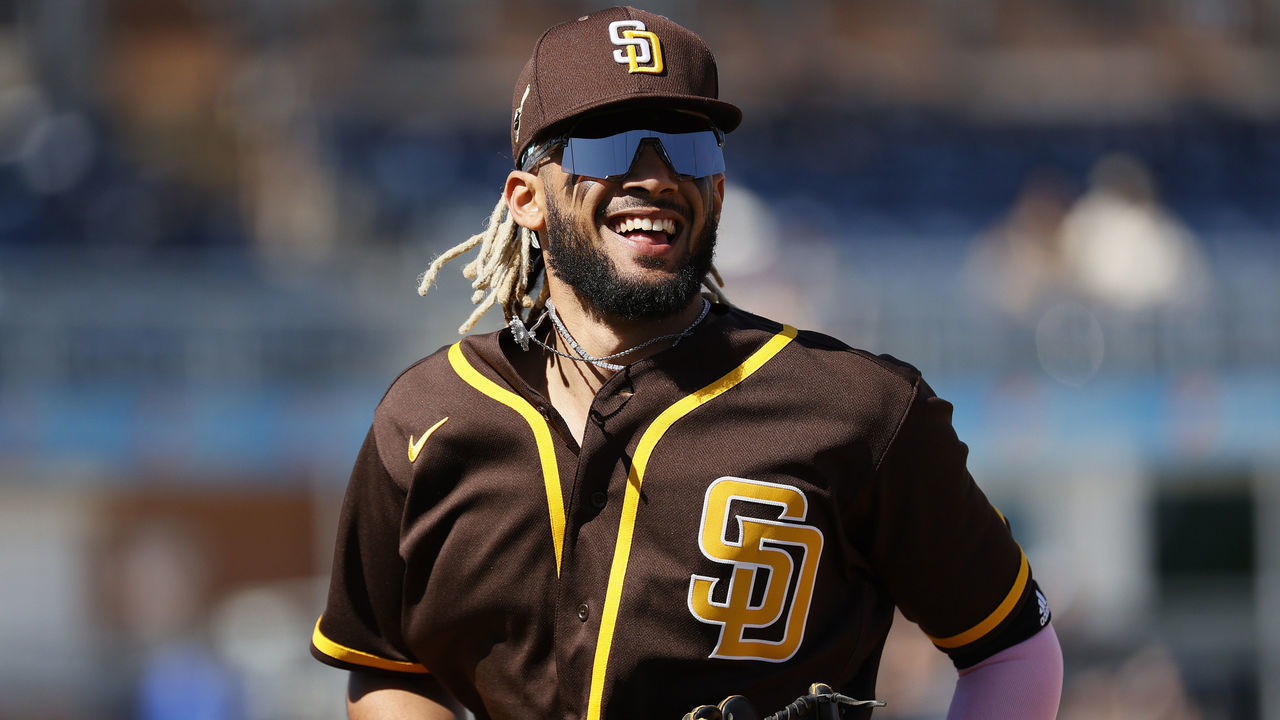 PEORIA, ARIZONA - FEBRUARY 28: Fernando Tatis Jr. #23 of the San Diego Padres reacts after a double play in the second inning against the Seattle Mariners during the MLB spring training game at Peoria Sports Complex on February 28, 2021 in Peoria, Arizona.