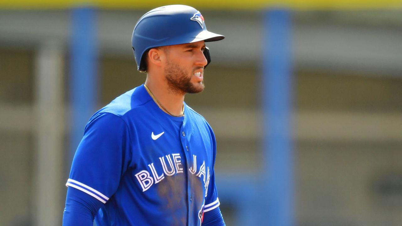 DUNEDIN, FLORIDA - MARCH 02: George Springer #4 of the Toronto Blue Jays looks on from the second base in the first inning against the Philadelphia Phillies during a spring training game on March 02, 2021 at TD Ballpark in Dunedin, Florida.