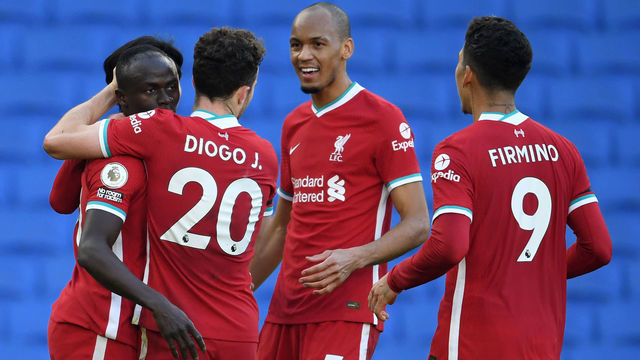 BRIGHTON, ENGLAND - NOVEMBER 28: Sadio Mane of Liverpool celebrates with teammates Diogo Jota, Fabinho, and Roberto Firminho after scoring a goal which was then disallowed during the Premier League match between Brighton & Hove Albion and Liverpool at American Express Community Stadium on November 28, 2020 in Brighton, England. Sporting stadiums around the UK remain under strict restrictions due to the Coronavirus Pandemic as Government social distancing laws prohibit fans inside venues resulting in games being played behind closed doors.