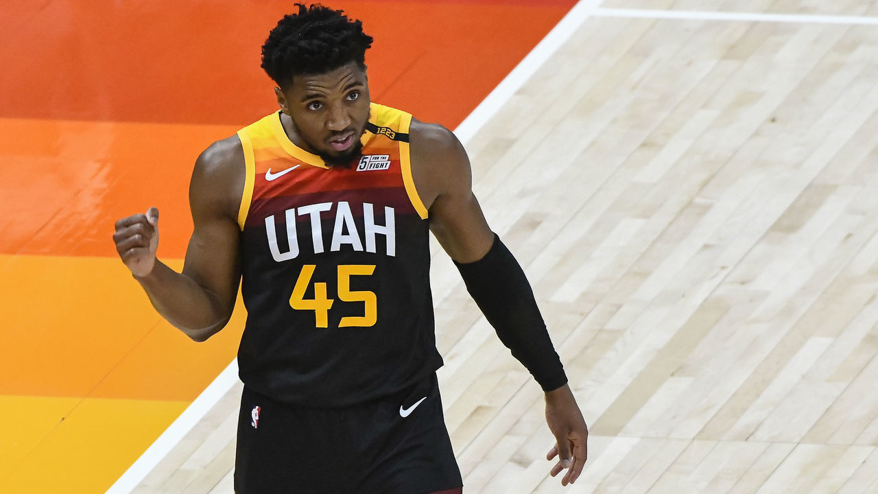 SALT LAKE CITY, UTAH - FEBRUARY 15: Donovan Mitchell #45 of the Utah Jazz celebrates during a game against the Philadelphia 76ers at Vivint Smart Home Arena on February 15, 2021 in Salt Lake City, Utah. NOTE TO USER: User expressly acknowledges and agrees that, by downloading and/or using this photograph, user is consenting to the terms and conditions of the Getty Images License Agreement.