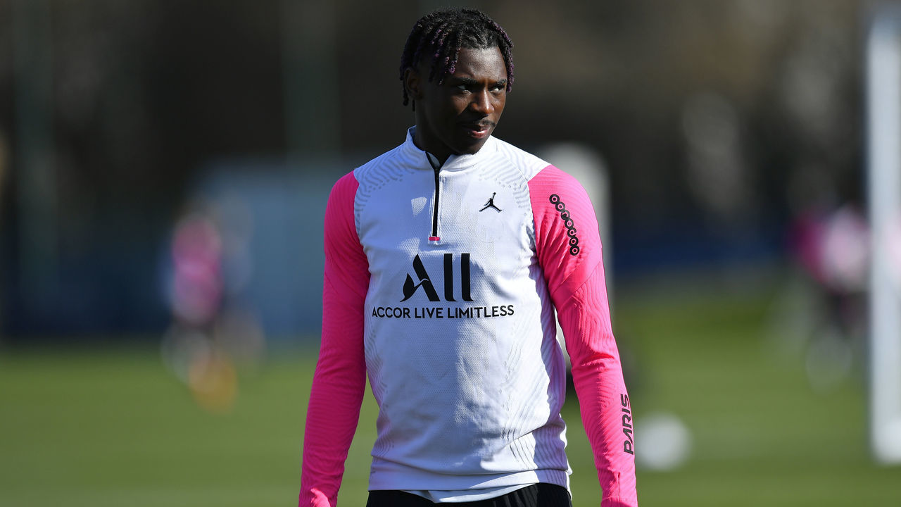 PARIS, FRANCE - MARCH 01: Moise Kean looks on during a Paris Saint-Germain training session at Ooredoo center during on March 01, 2021 in Paris, France.