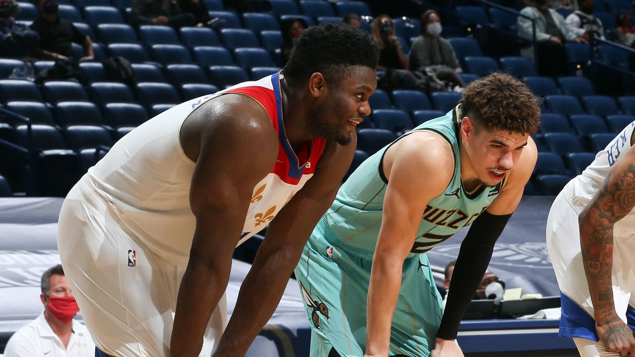 NEW ORLEANS, LA - JANUARY 8: Zion Williamson #1 of the New Orleans Pelicans and LaMelo Ball #2 of the Charlotte Hornets smile during the game on January 8, 2021 at the Smoothie King Center in New Orleans, Louisiana. Mandatory Copyright Notice: Copyright 2021 NBAE