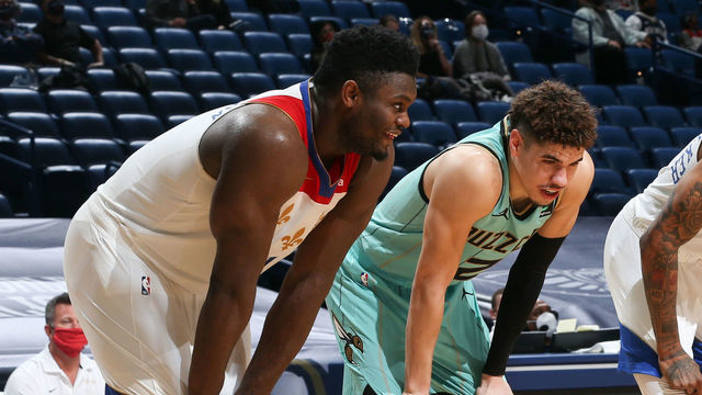 NEW ORLEANS, LA - JANUARY 8: Zion Williamson #1 of the New Orleans Pelicans and LaMelo Ball #2 of the Charlotte Hornets smile during the game on January 8, 2021 at the Smoothie King Center in New Orleans, Louisiana. Mandatory Copyright Notice: Copyright 2021 NBAE