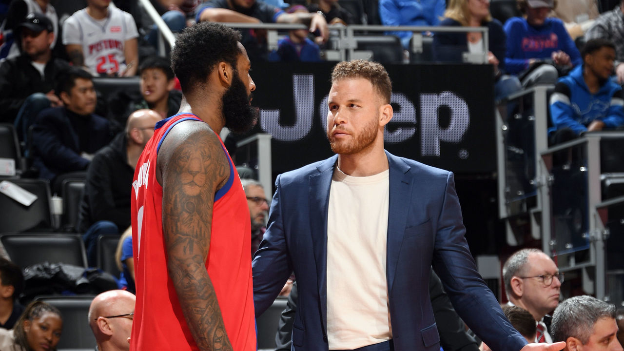 DETROIT, MI - FEBRUARY 2: Andre Drummond #0 of the Detroit Pistons and Blake Griffin #23 of the Detroit Pistons talk during the game on February 2, 2020 at Little Caesars Arena in Detroit, Michigan. NOTE TO USER: User expressly acknowledges and agrees that, by downloading and/or using this photograph, User is consenting to the terms and conditions of the Getty Images License Agreement. Mandatory Copyright Notice: Copyright 2020 NBAE