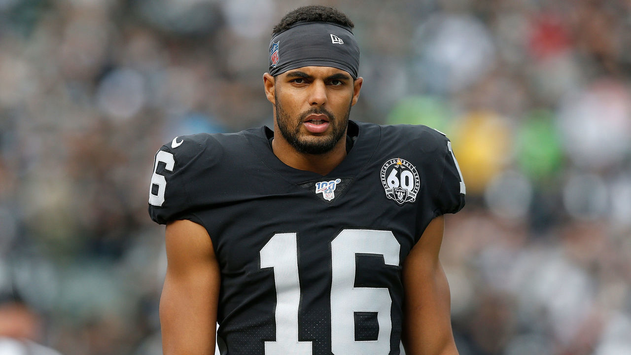 OAKLAND, CALIFORNIA - DECEMBER 08: Tyrell Williams #16 of the Oakland Raiders looks on from the sideline in the first half against the Tennessee Titans at RingCentral Coliseum on December 08, 2019 in Oakland, California.