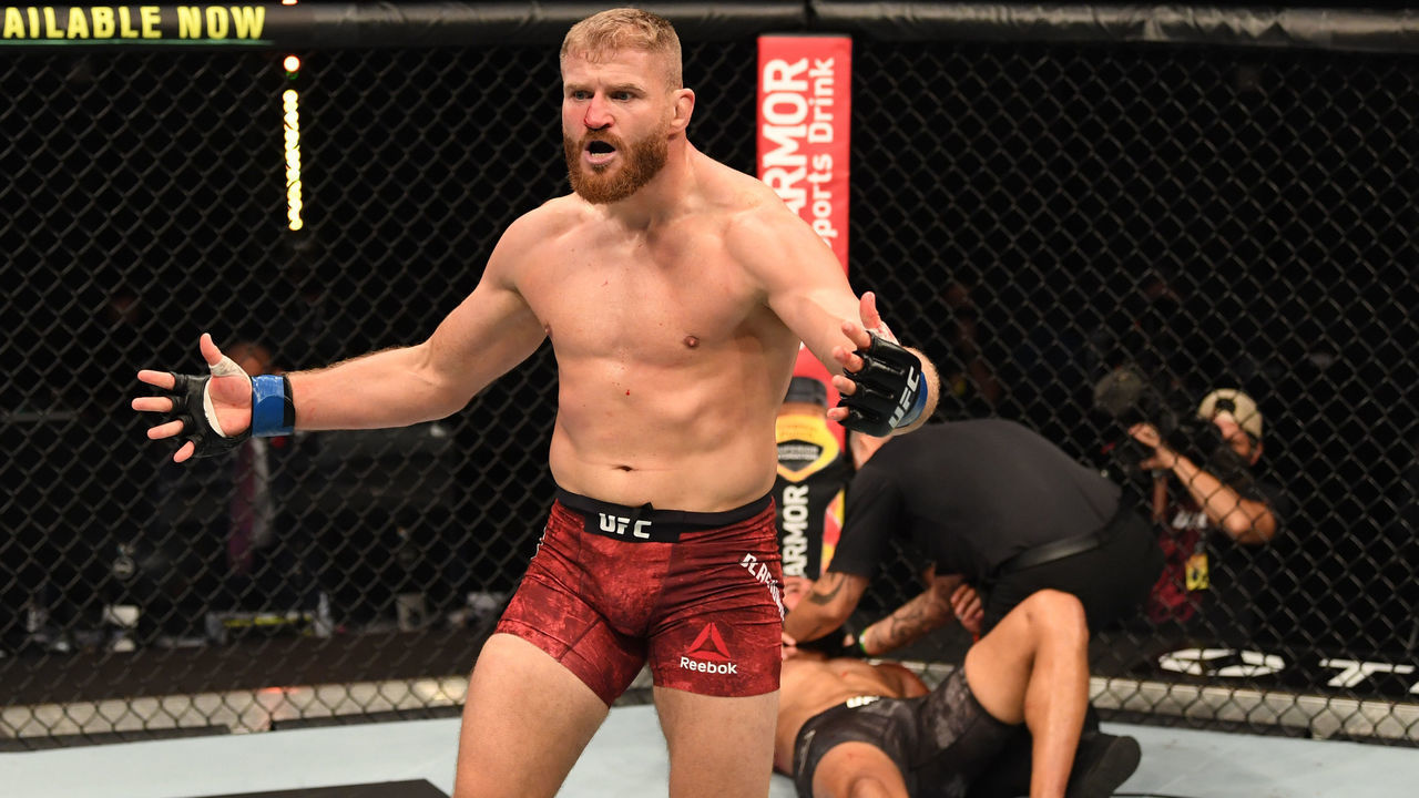 ABU DHABI, UNITED ARAB EMIRATES - SEPTEMBER 27: (L-R) Jan Blachowicz of Poland reacts after defeating Dominick Reyes in their light heavyweight championship bout during UFC 253 inside Flash Forum on UFC Fight Island on September 27, 2020 in Abu Dhabi, United Arab Emirates.