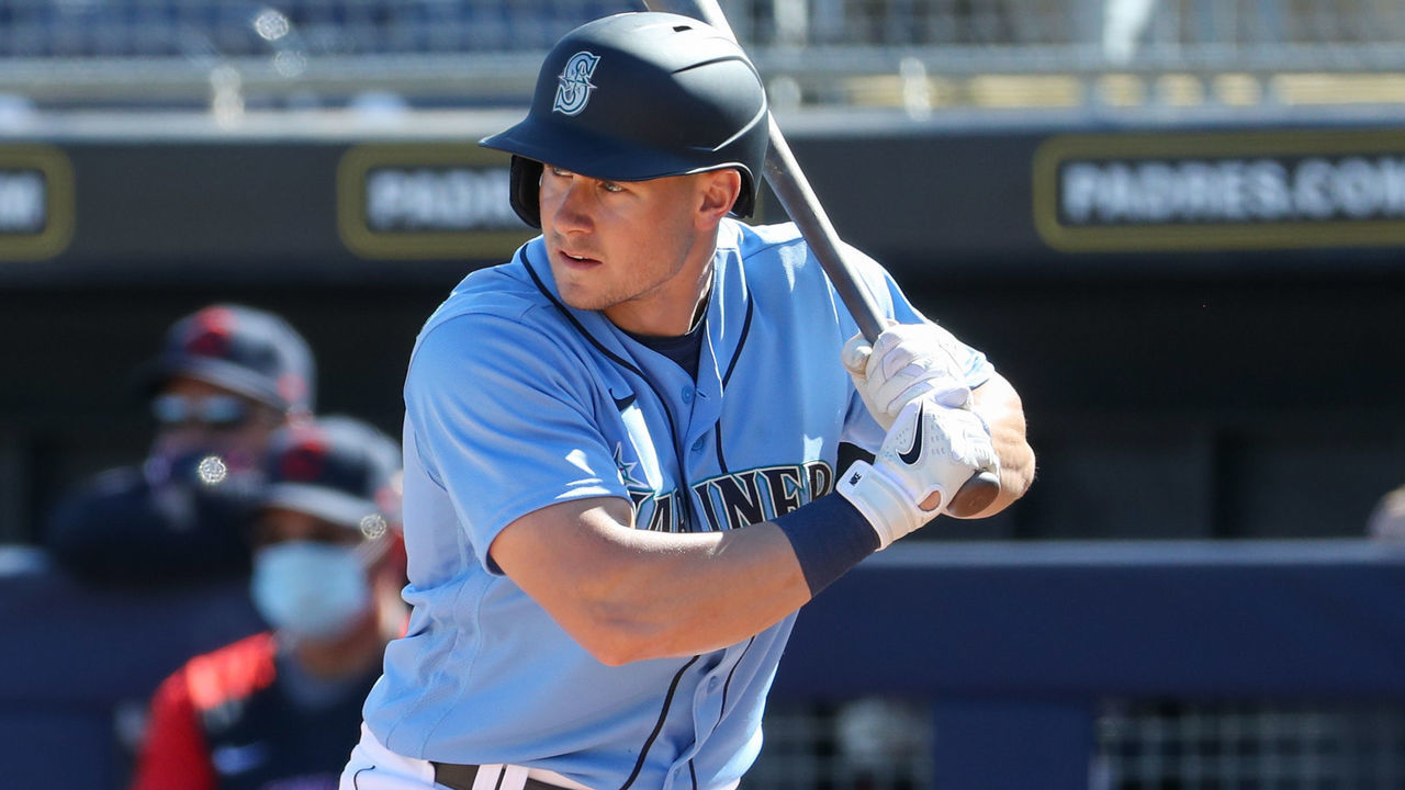 PEORIA, AZ - MARCH 02: Left fielder Jarred Kelenic (10) of the Seattle Mariners bats against the Cleveland Indians during the MLB spring training game on March 02, 2021 at Peoria Sports Complex in Peoria, Arizona.