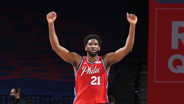 PHILADELPHIA, PA - MARCH 3: Joel Embiid #21 of the Philadelphia 76ers reacts during a game against the Utah Jazz on March 3, 2021 at Wells Fargo Center in Philadelphia, Pennsylvania. NOTE TO USER: User expressly acknowledges and agrees that, by downloading and/or using this Photograph, user is consenting to the terms and conditions of the Getty Images License Agreement. Mandatory Copyright Notice: Copyright 2021 NBAE