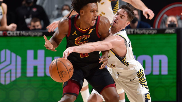 CLEVELAND, OH - MARCH 3: T.J. McConnell #9 of the Indiana Pacers steals the ball from Collin Sexton #2 of the Cleveland Cavaliers during the game on March 3, 2021 at Rocket Mortgage FieldHouse in Cleveland, Ohio. NOTE TO USER: User expressly acknowledges and agrees that, by downloading and/or using this Photograph, user is consenting to the terms and conditions of the Getty Images License Agreement. Mandatory Copyright Notice: Copyright 2021 NBAE